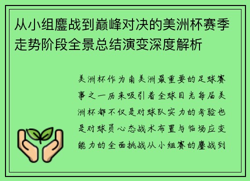 从小组鏖战到巅峰对决的美洲杯赛季走势阶段全景总结演变深度解析
